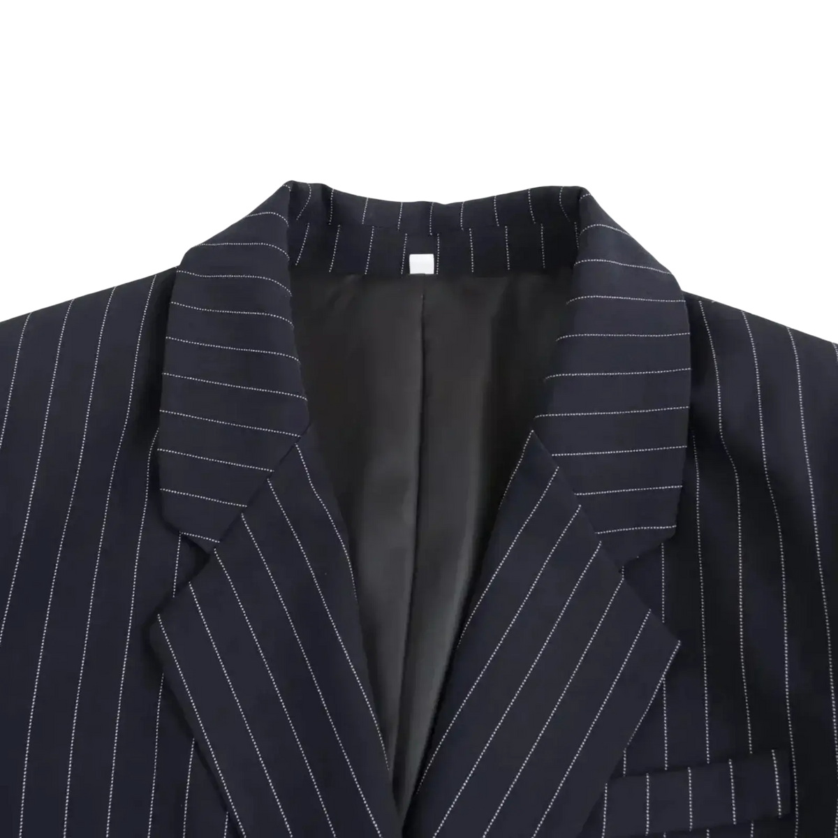 Black pinstripe double-breasted blazer for women with white vertical stripes and contrasting black satin lining