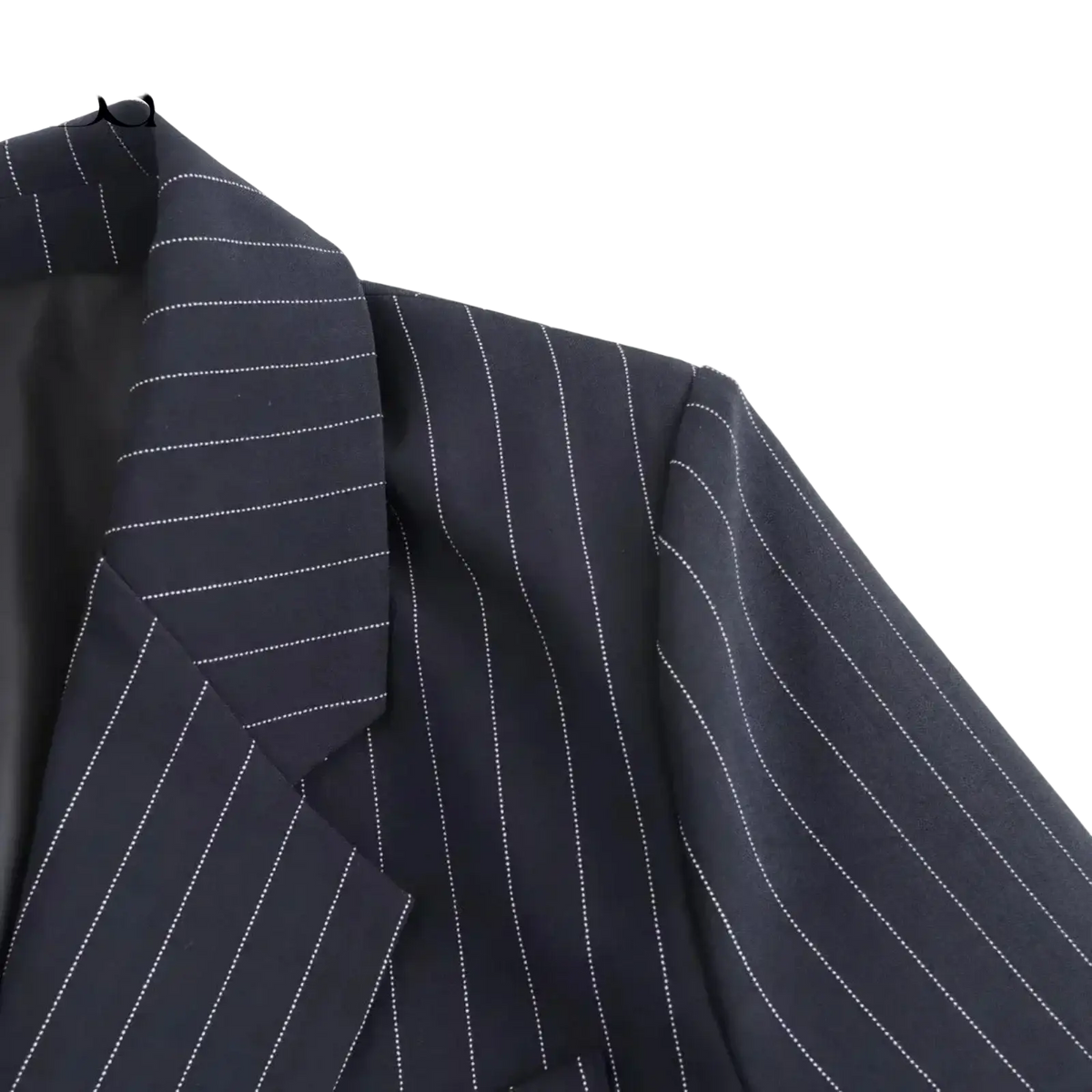 Dark navy pinstripe double-breasted blazer for women with fine white dotted lines and tailored fit