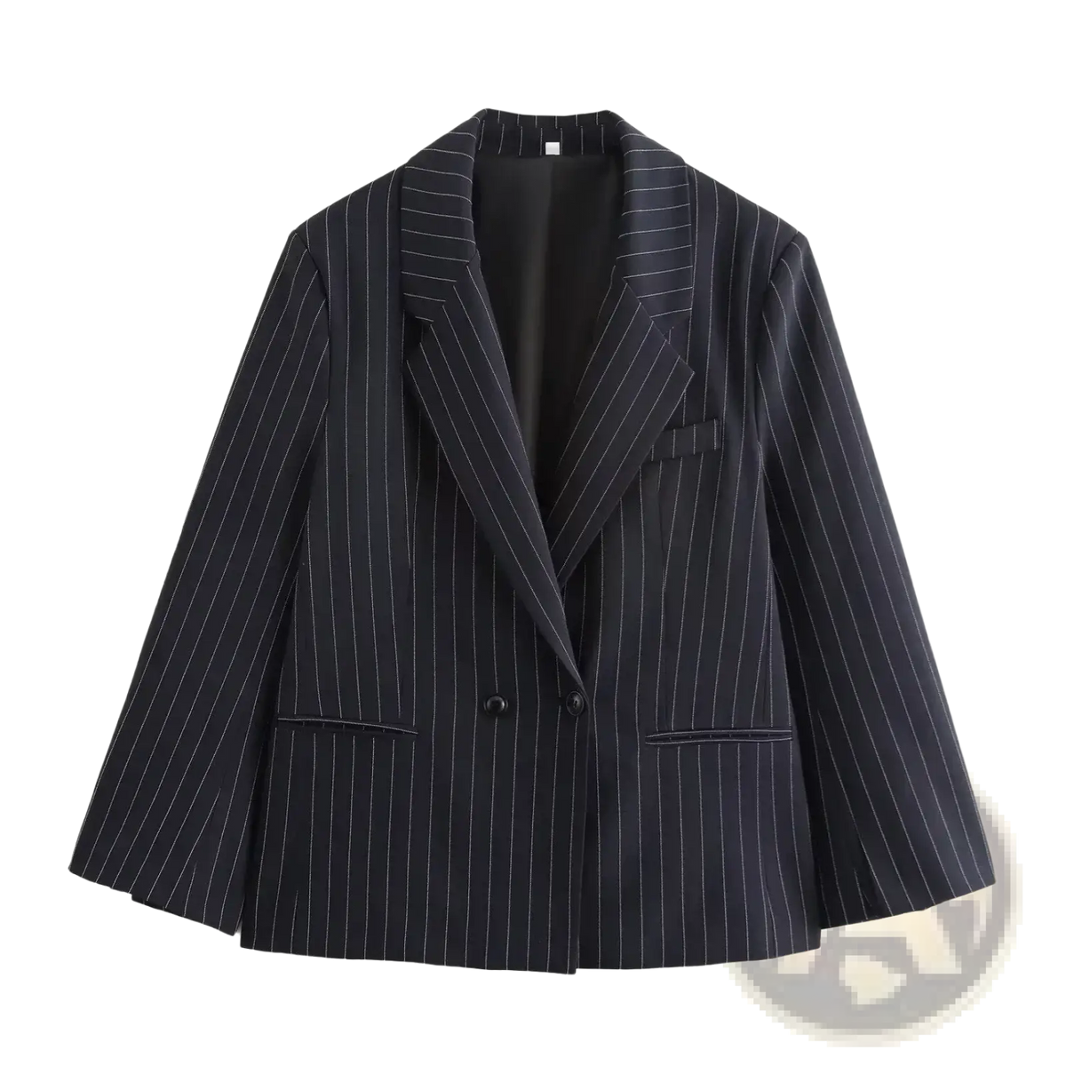 Black pinstripe double-breasted blazer for women with white vertical stripes in a formal tailored design