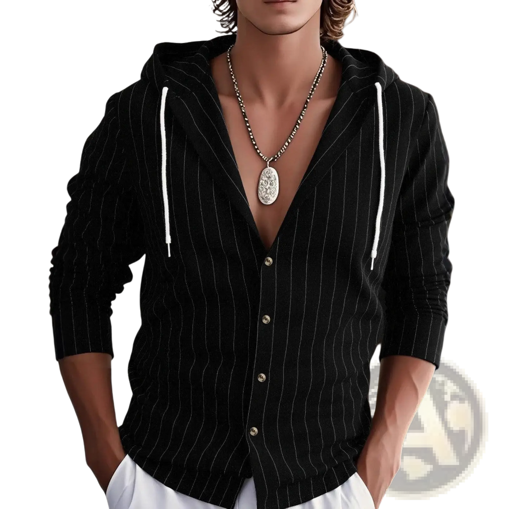 Black pinstripe slim fit hooded linen shirt for men with white drawstrings and button-up front