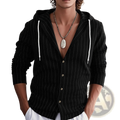 Black pinstripe slim fit hooded linen shirt for men with white drawstrings and button-up front
