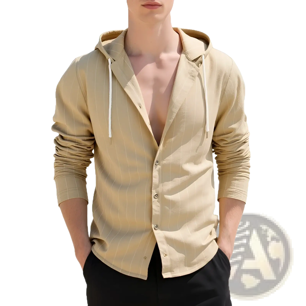Beige pinstripe hooded linen shirt for men with slim fit white drawstrings and button front design