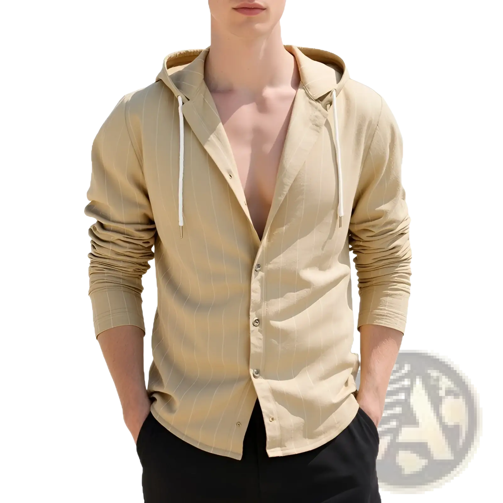 Beige pinstripe hooded linen shirt for men with slim fit white drawstrings and button front design