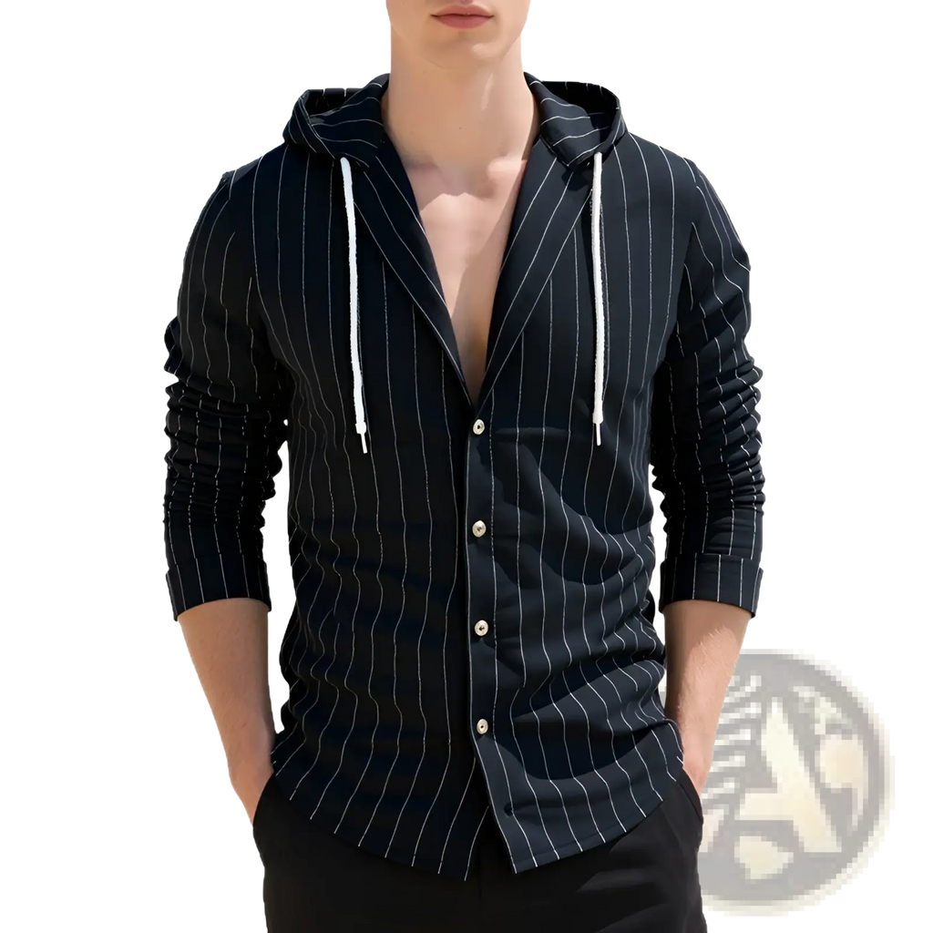 Black pinstripe slim fit hooded linen shirt for men with white drawstrings and button front design
