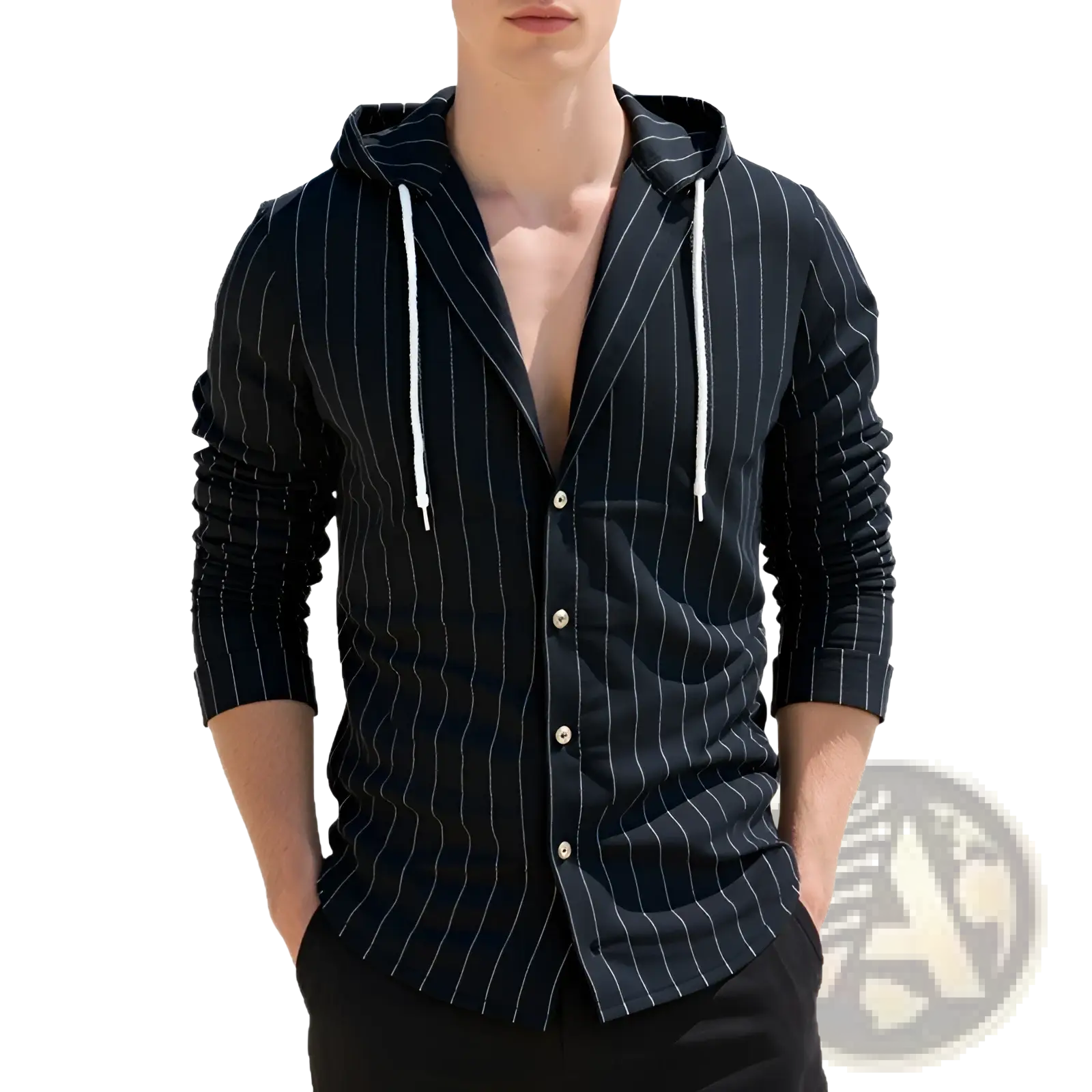 Black pinstripe slim fit hooded linen shirt for men with white drawstrings and button front design