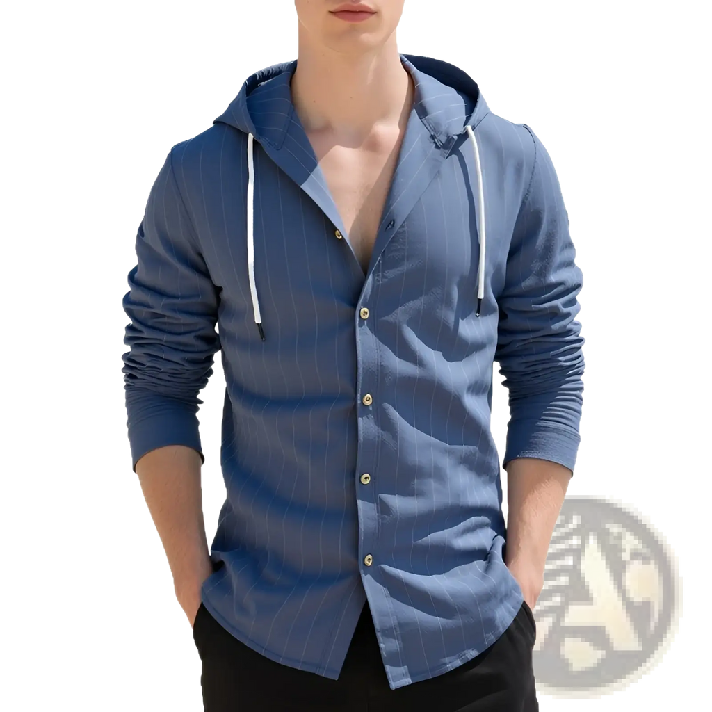 Blue pinstripe slim fit linen hooded shirt for men with front buttons and white drawstrings