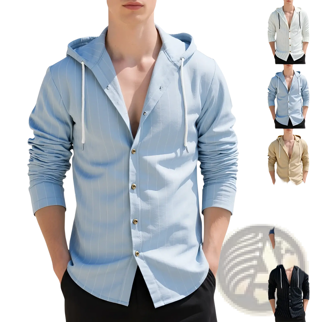 Light blue pinstripe slim fit hooded linen shirt for men with button-up front and white drawstrings