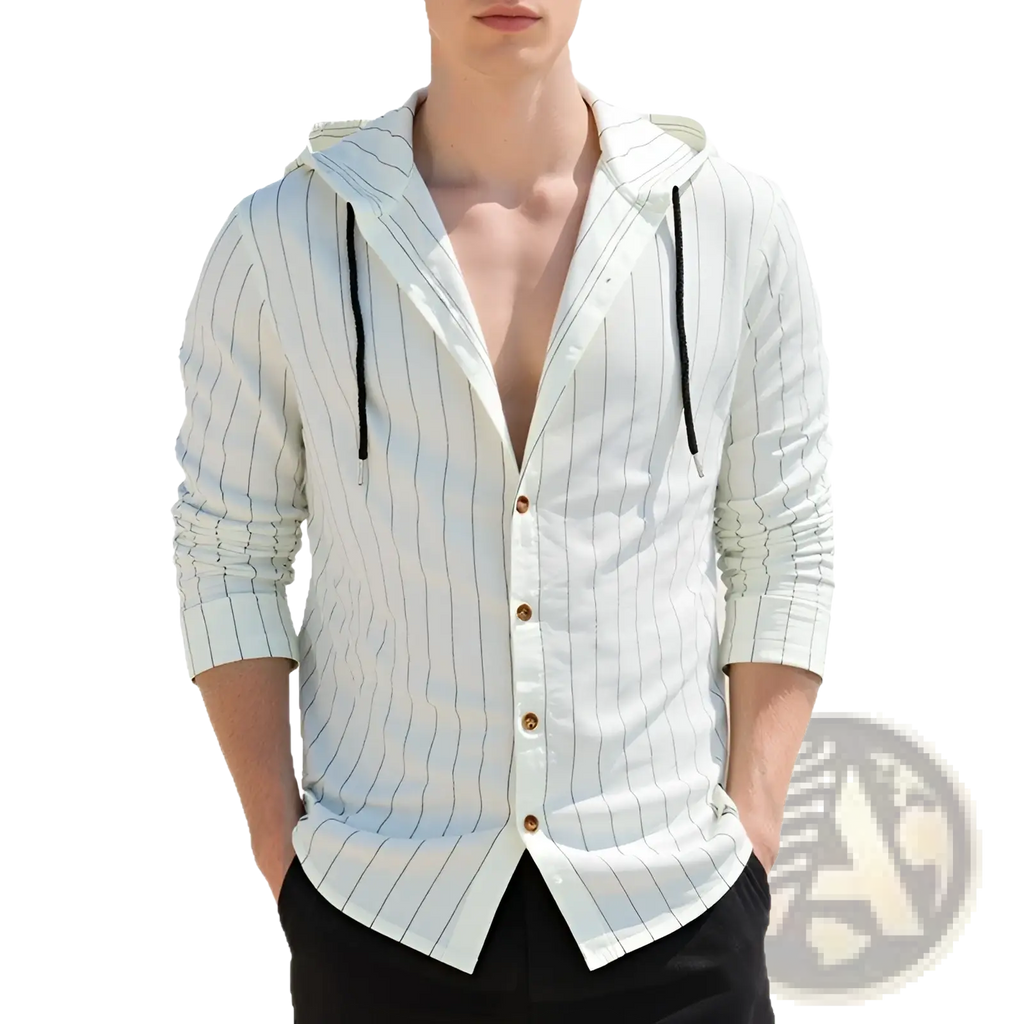 White pinstripe slim fit linen hooded shirt for men with black drawstrings and copper toned buttons