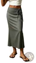 Gray pinstripe midi skirt with a side tie waistband in a mermaid silhouette perfect for formal or office wear