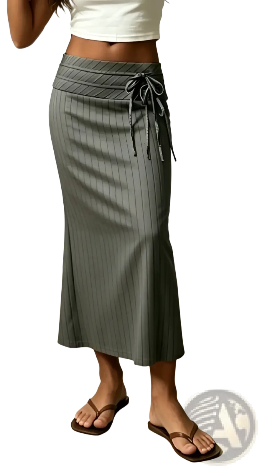 Gray pinstripe midi skirt with a side tie waistband in a mermaid silhouette perfect for formal or office wear