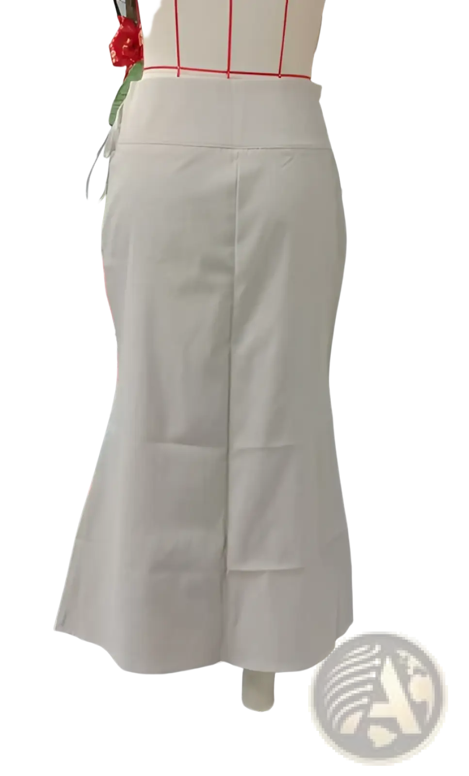 Beige tailored pencil skirt with fitted waist and flared hemline complementing pinstripe side tie mermaid midi skirt design