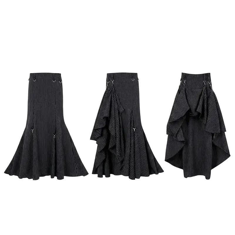 Black pinstripe asymmetrical skirt with layered ruffles and metal ring closure from pinstripe tank matching skirt set longest length