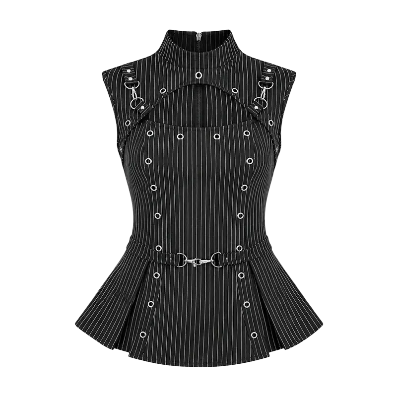 Black pinstripe corset top with silver metal hardware and peplum hem featuring hook and eye closure for music festival use