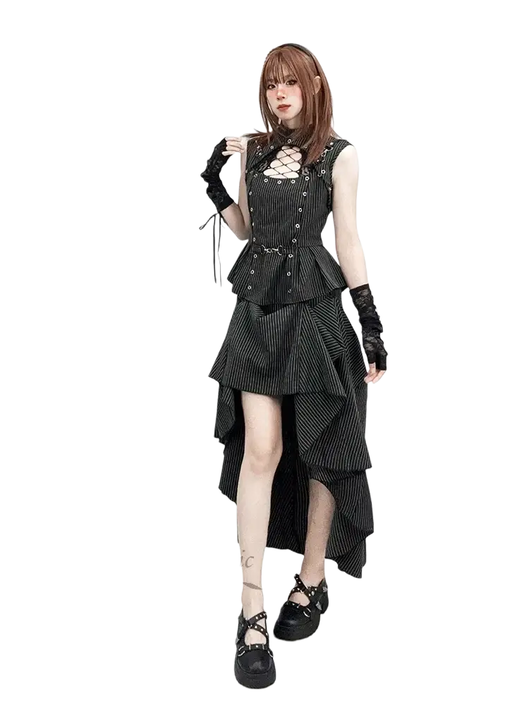 Black pinstripe gothic dress with lace-up neckline and tiered asymmetrical skirt featuring longest length closure type for music festival