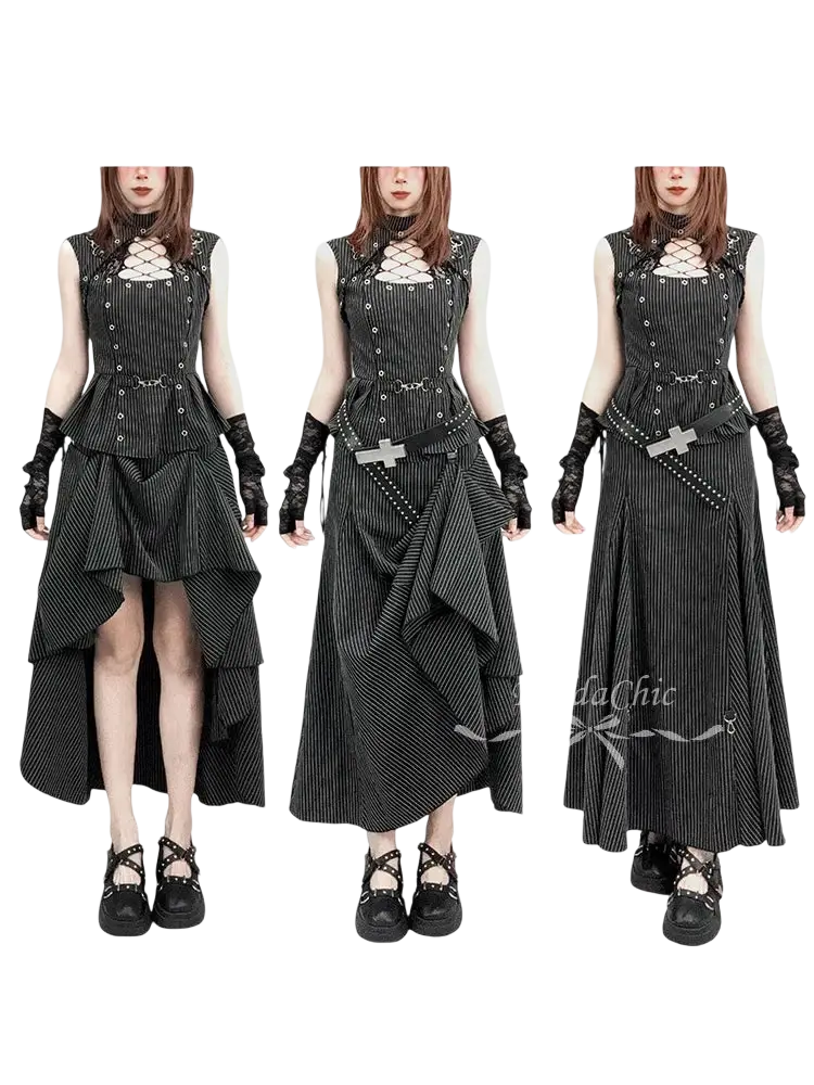 Black pinstripe tank top matching skirt set with lace-up closure, corset bodice, and longest length asymmetrical skirt