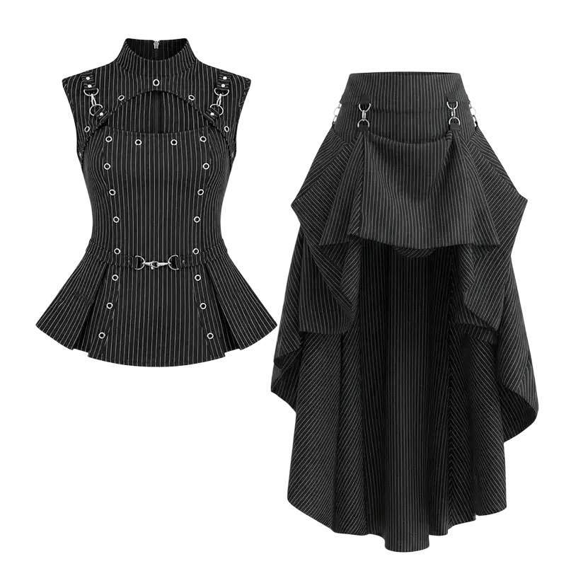 Black and white vertically striped gothic two-piece pinstripe tank top matching skirt set with metal hardware and back zipper closure ideal for music festival wear