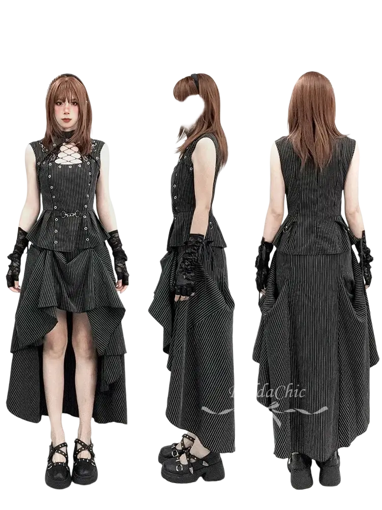 Black and white pinstripe tank top matching skirt set with corset bodice, longest length, tiered asymmetrical skirt, silver button closure type