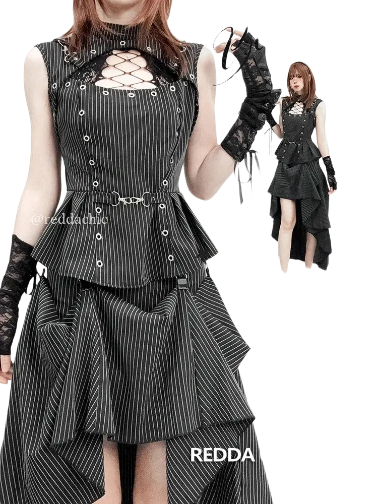 Black and white pinstripe tank top matching skirt set with lace-up closure, peplum waist, and longest length ruffled skirt