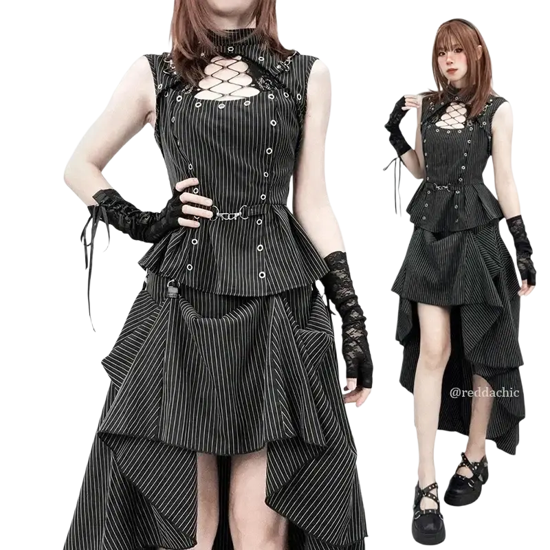 Pinstripe tank top matching skirt set with black and white striped gothic sleeveless dress featuring lace-up closure perfect for music festival