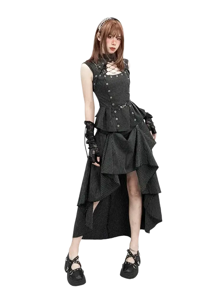 Black and white pinstripe tank top matching skirt set with corset bodice closure longest length ideal for music festival