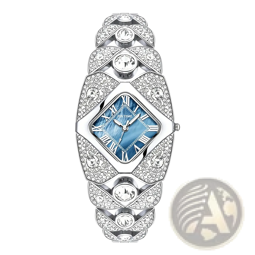 Silver diamond-encrusted pintime luxury quartz watch for ladies with blue mother-of-pearl dial and roman numerals