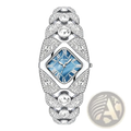 Silver diamond-encrusted pintime luxury quartz watch for ladies with blue mother-of-pearl dial and roman numerals