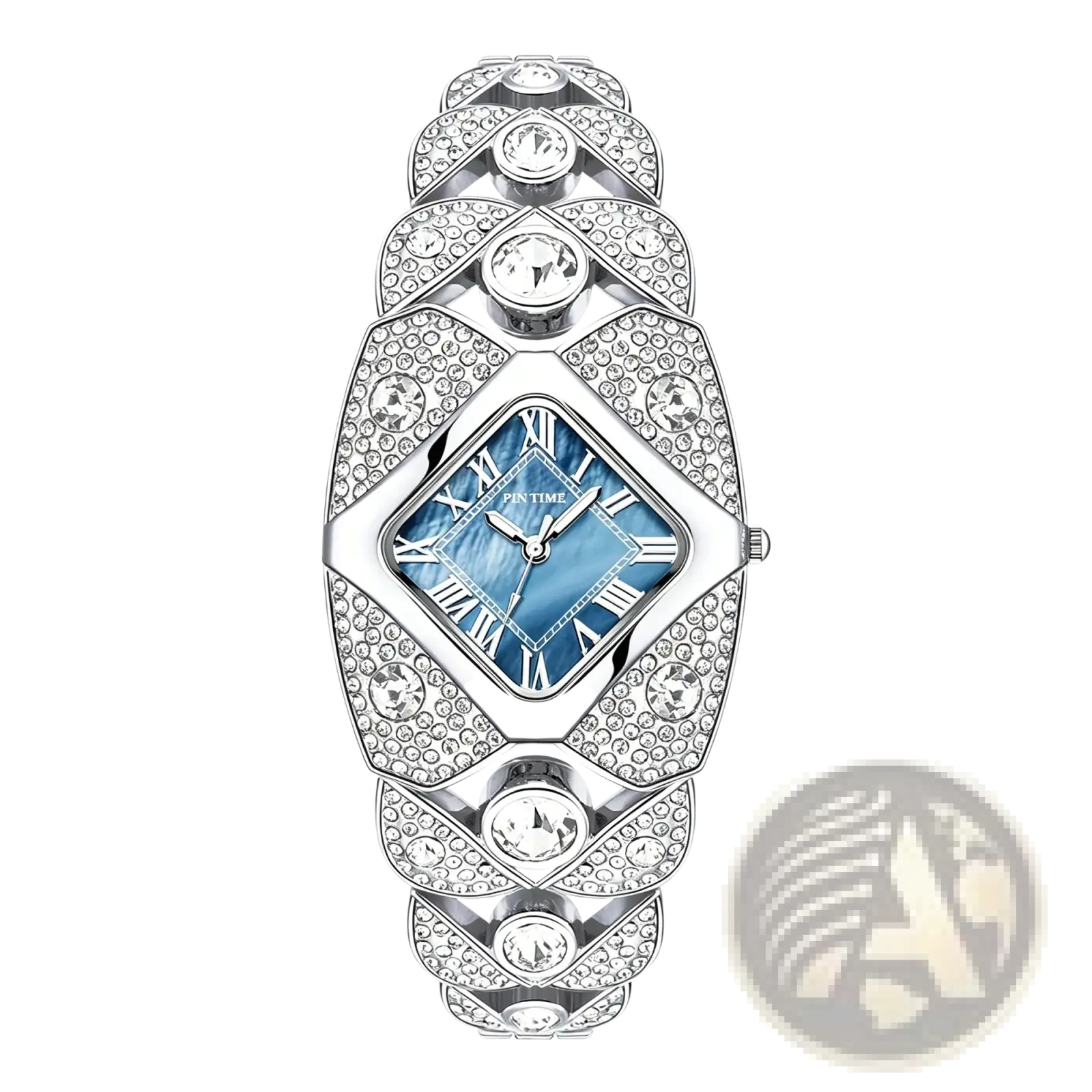 Silver diamond-encrusted pintime luxury quartz watch for ladies with blue mother-of-pearl dial and roman numerals