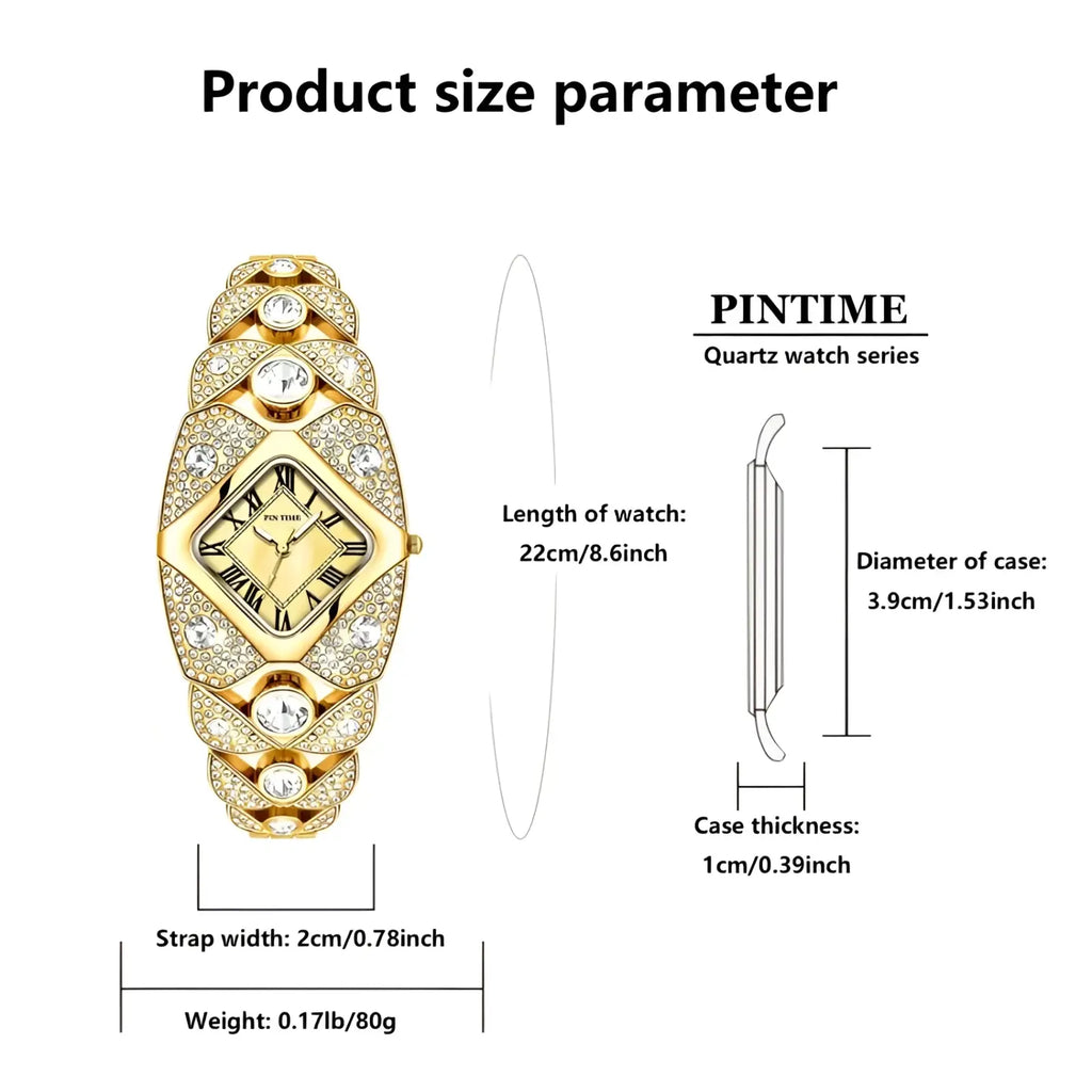 Gold-tone pintime diamond quartz ladies luxury wristwatch with a diamond-encrusted rectangular face and roman numerals