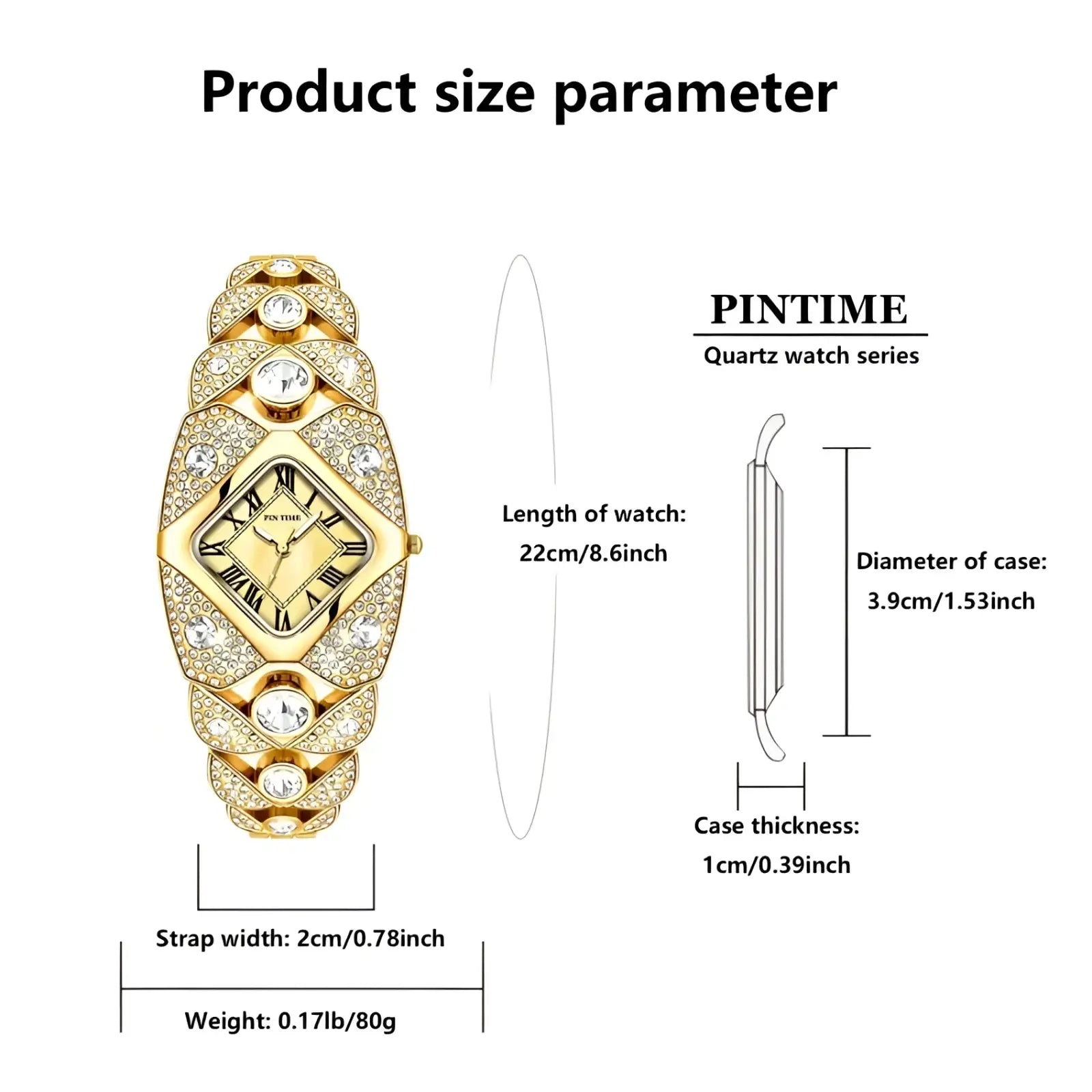 Gold-tone pintime diamond quartz ladies luxury wristwatch with a diamond-encrusted rectangular face and roman numerals