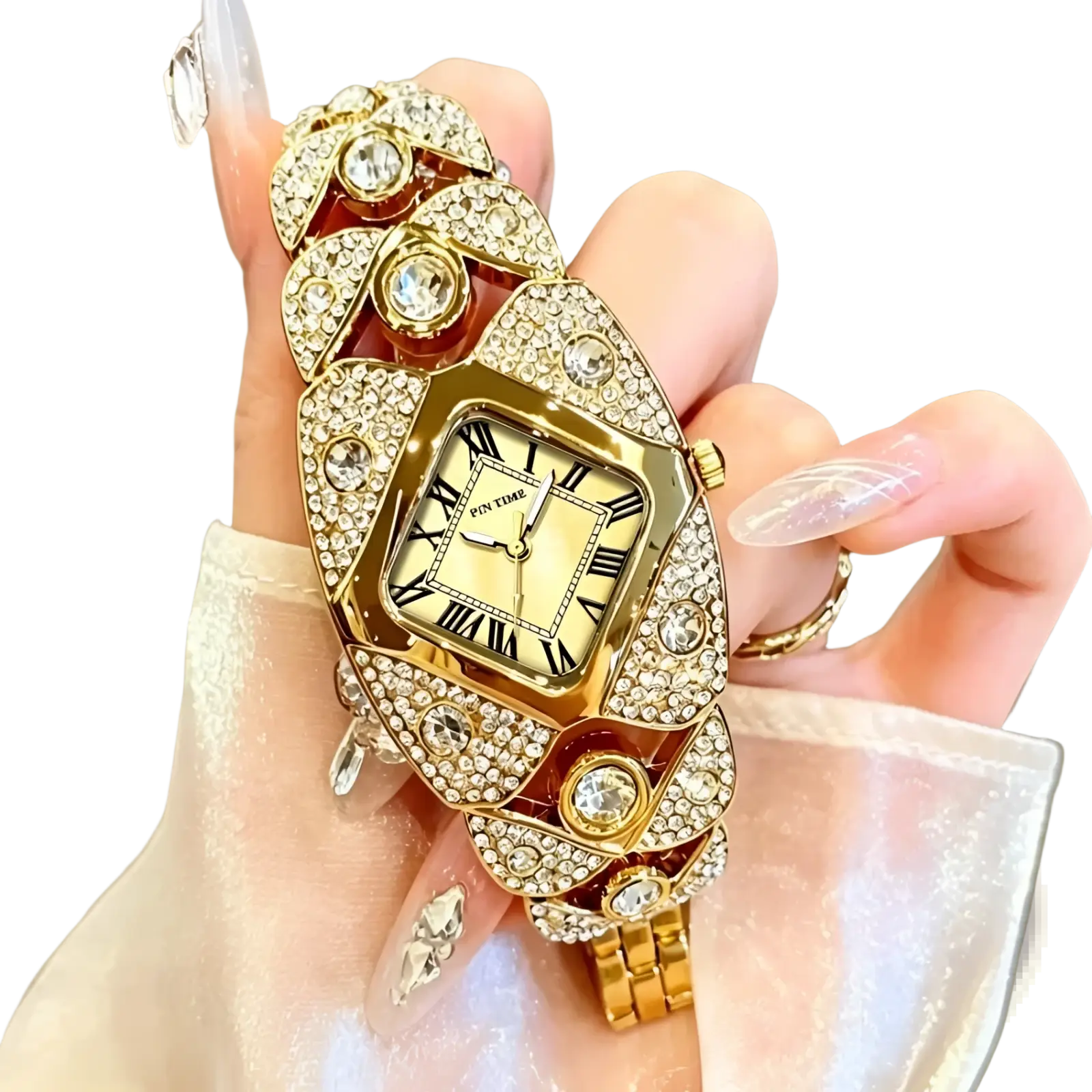 Gold-toned pintime diamond quartz ladies luxury wristwatch with square face, roman numerals, and crystal-encrusted design