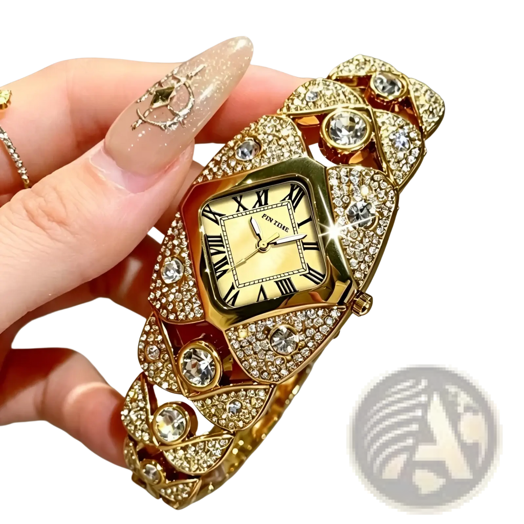 Gold-toned pintime diamond quartz ladies wristwatch with a square face roman numerals and ornate diamond bracelet design