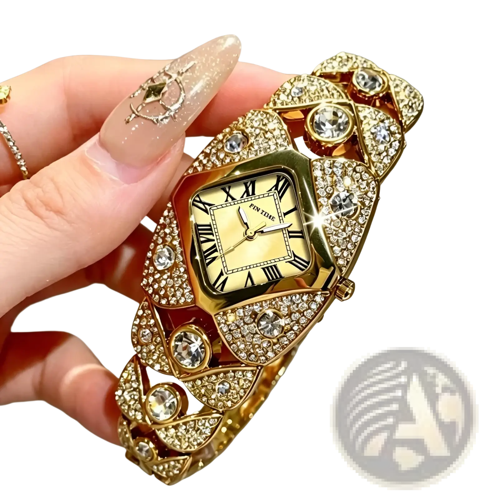 Gold-toned pintime diamond quartz ladies wristwatch with a square face roman numerals and ornate diamond bracelet design