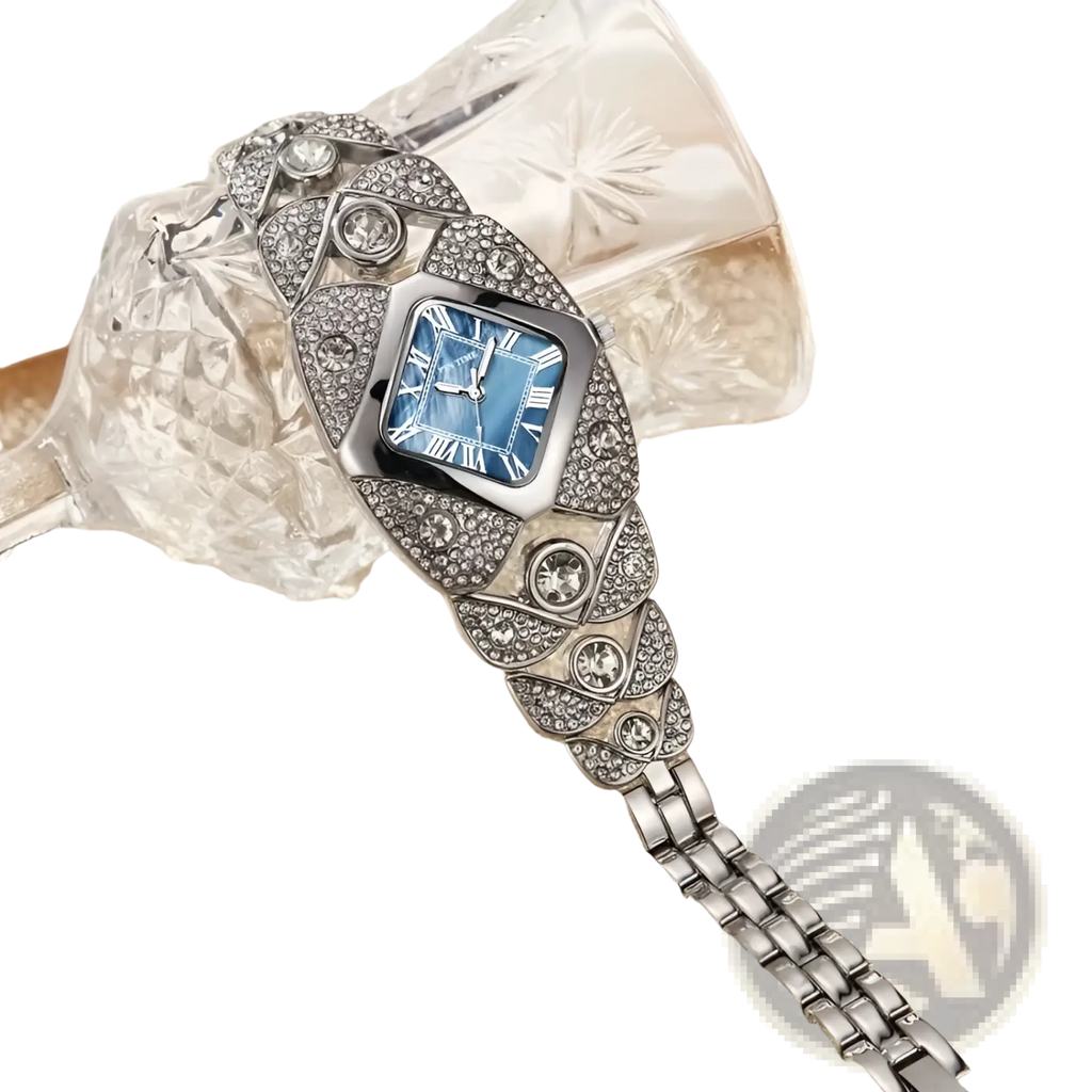 Pintime Diamond Quartz Watch ladies luxury wristwatch with silver-tone, square blue dial, roman numerals, and crystal accents