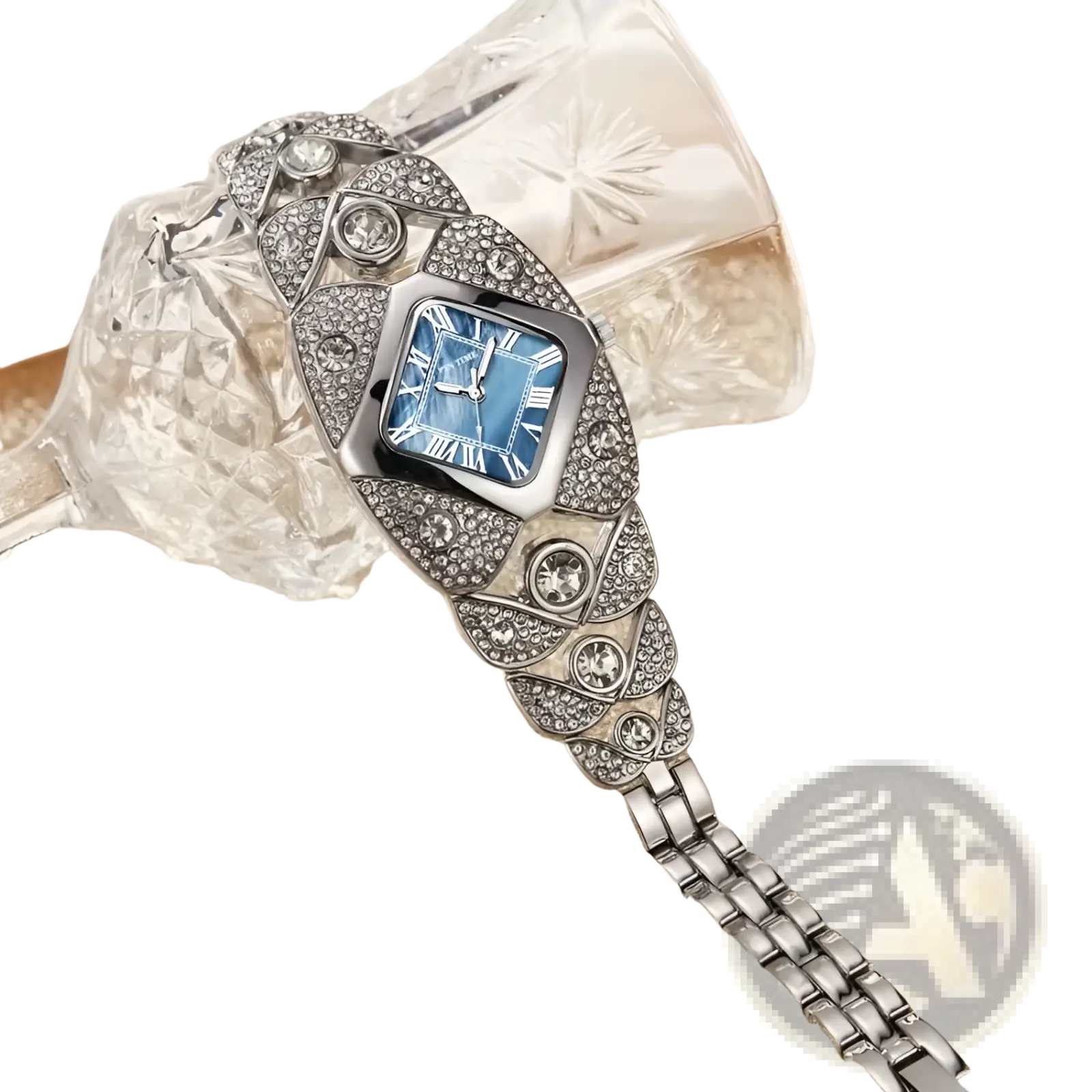 Pintime Diamond Quartz Watch ladies luxury wristwatch with silver-tone, square blue dial, roman numerals, and crystal accents