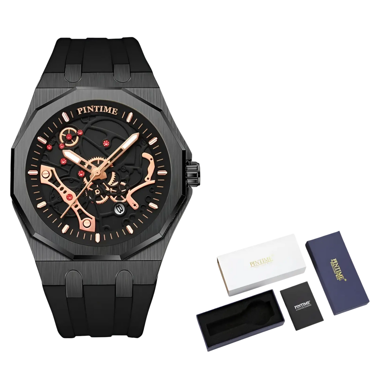 Pintime men luxury skeleton quartz watch in black with rose gold accents and exposed mechanical gears