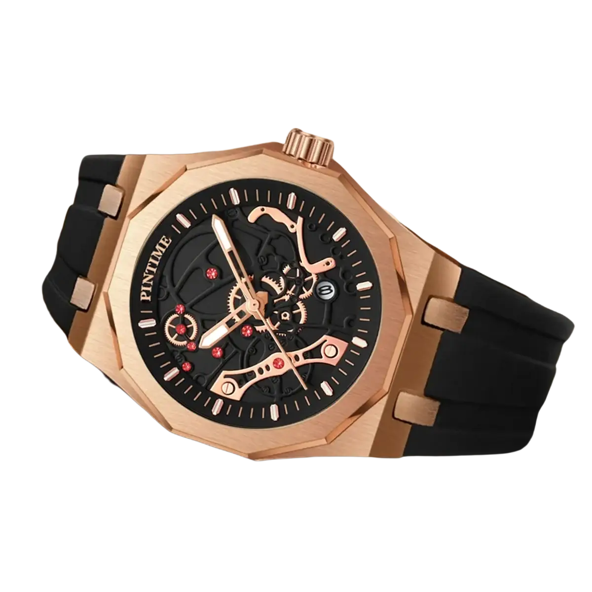 Pintime men luxury skeleton quartz watch with rose gold case, black rubber strap, and red gem accents