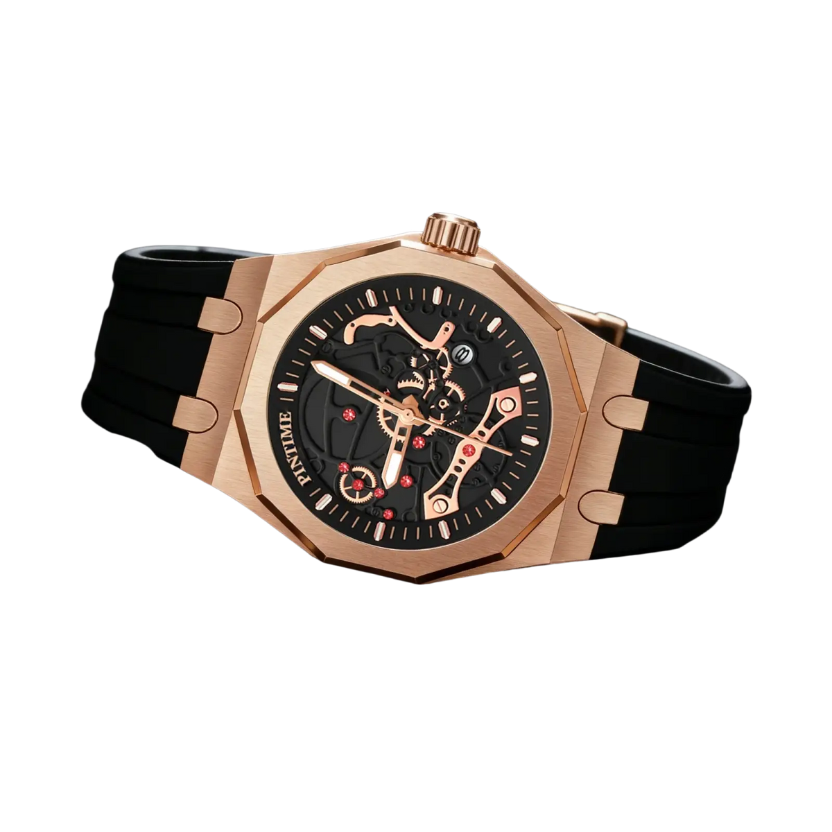 Pintime men luxury skeleton quartz watch with rose gold case black rubber strap and red accent details