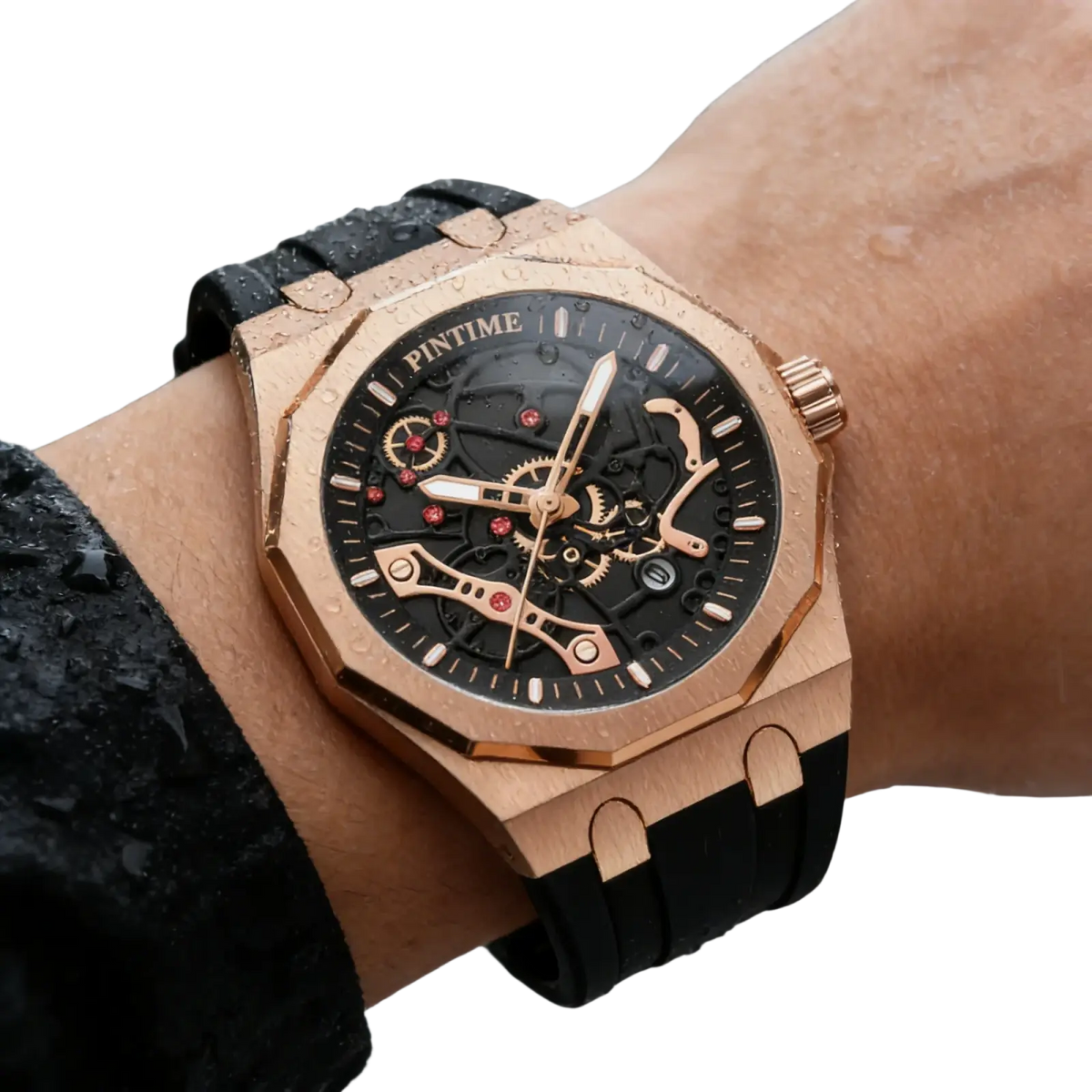 Pintime men luxury skeleton quartz watch with rose gold case black dial red accent jewels and black rubber strap