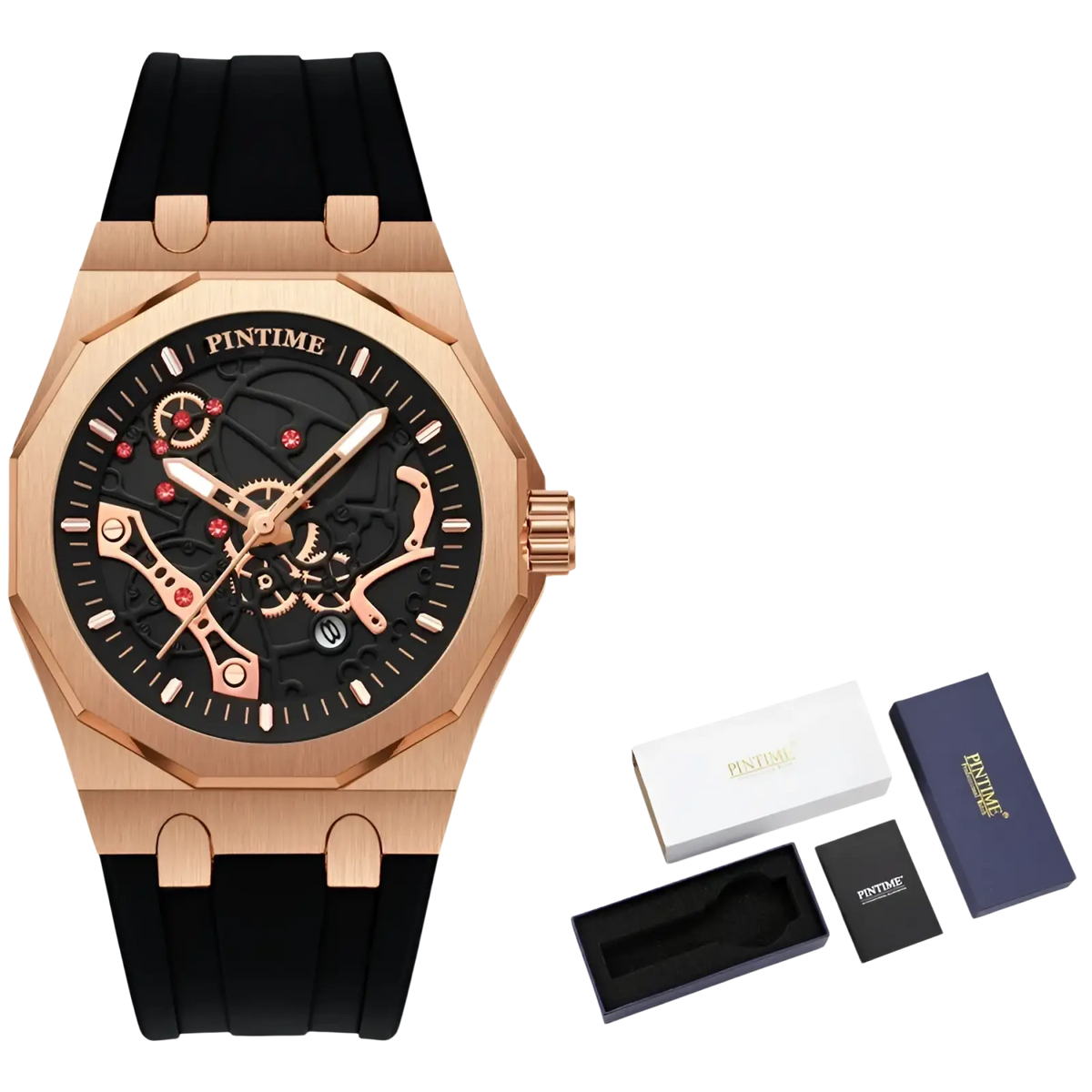 Rose gold skeleton men luxury quartz watch with black rubber strap and red gem accents by Pintime