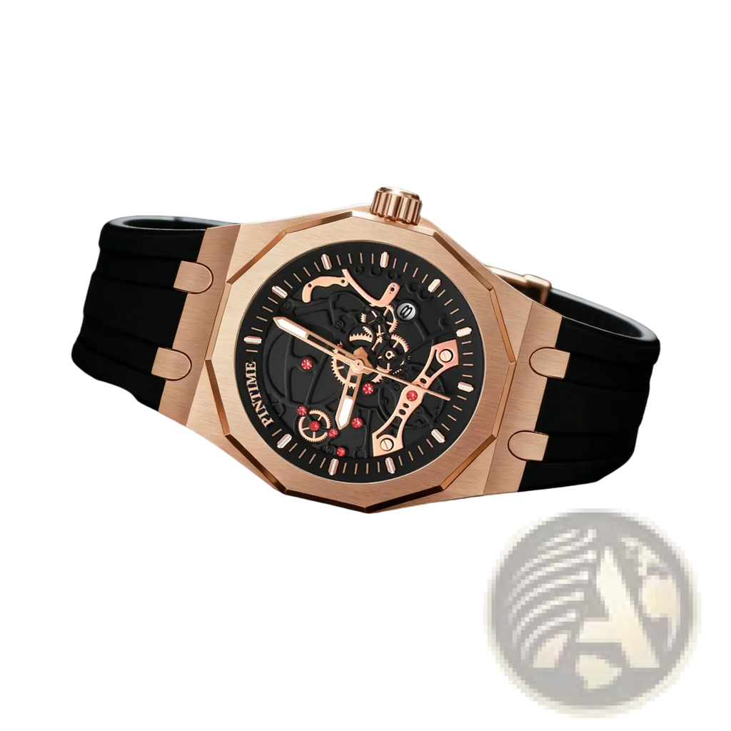 Pintime men luxury skeleton quartz watch with rose gold case black rubber strap and red accent details