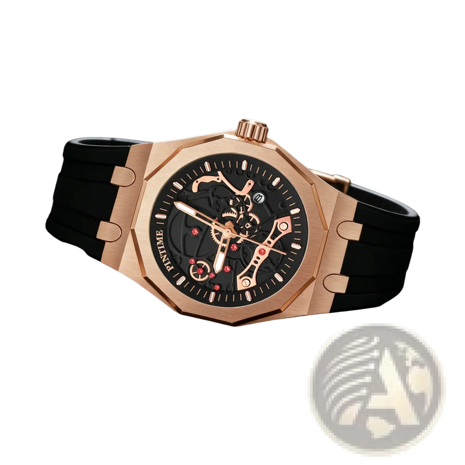 Pintime men luxury skeleton quartz watch with rose gold case black rubber strap and red accent details