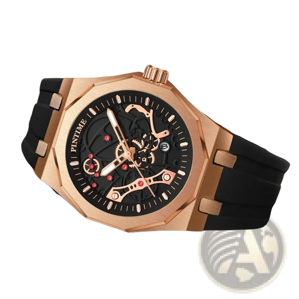 Pintime men luxury skeleton quartz watch with rose gold case, black rubber strap, and red gem accents