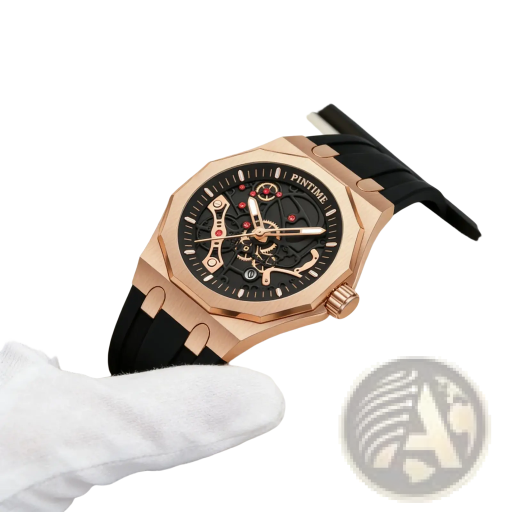 Pintime men luxury skeleton quartz watch with rose gold case black rubber strap and red accent details