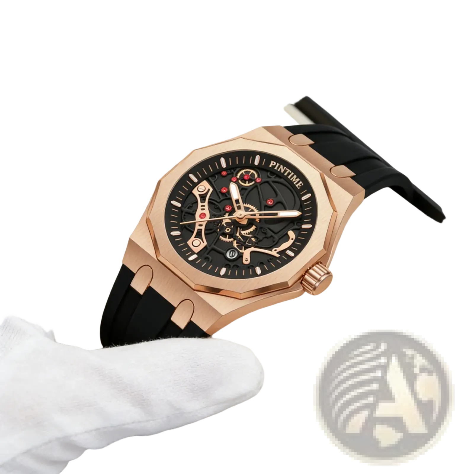 Pintime men luxury skeleton quartz watch with rose gold case black rubber strap and red accent details