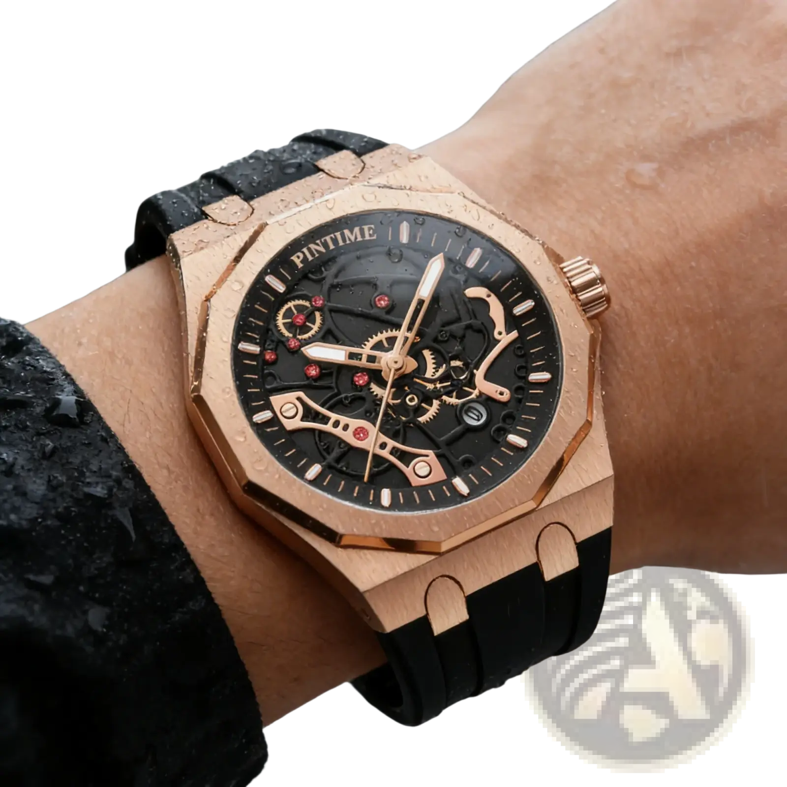 Pintime men luxury skeleton quartz watch with rose gold case black dial red accent jewels and black rubber strap