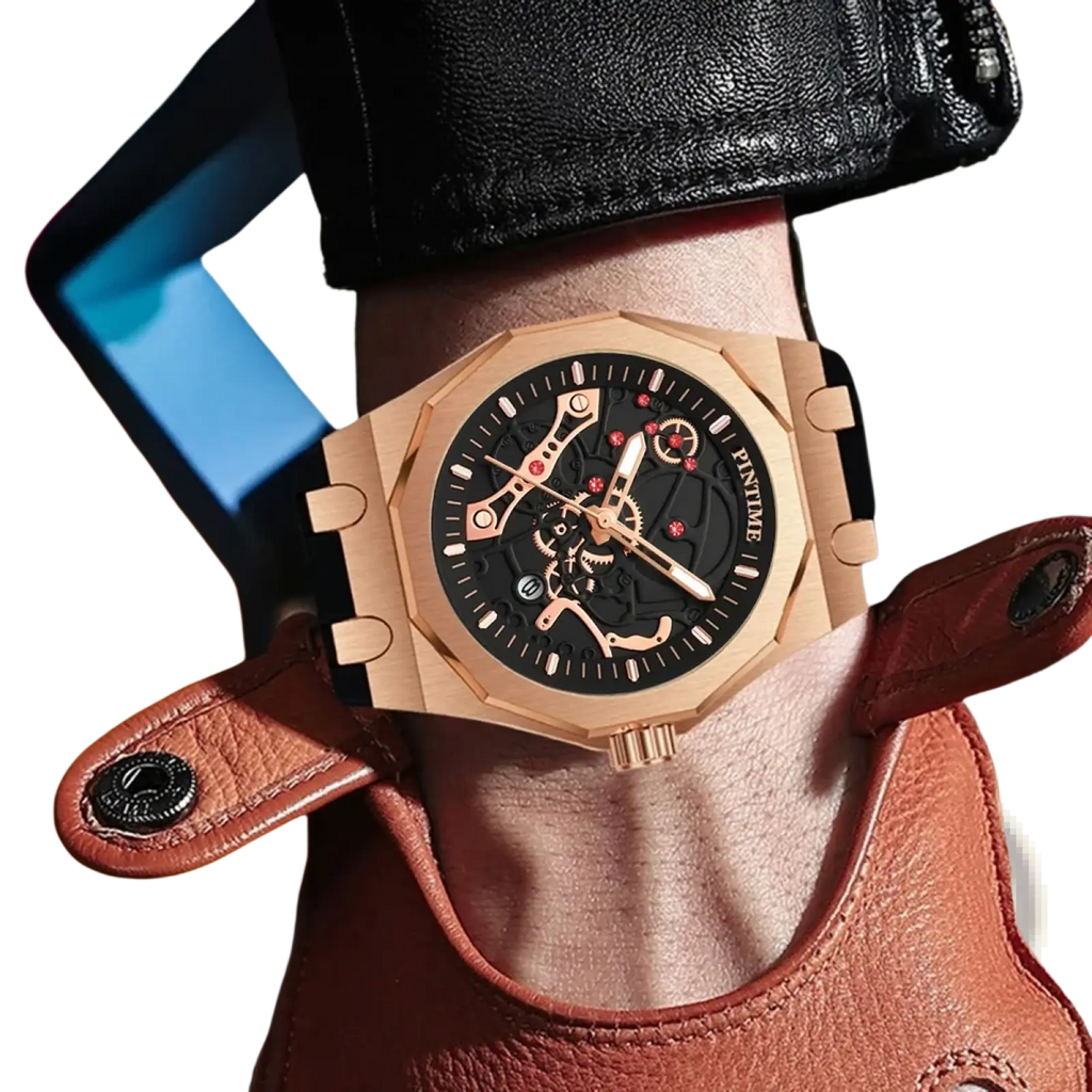 Pintime men luxury skeleton quartz watch with rose gold octagonal case black dial exposed gears red accents brown strap