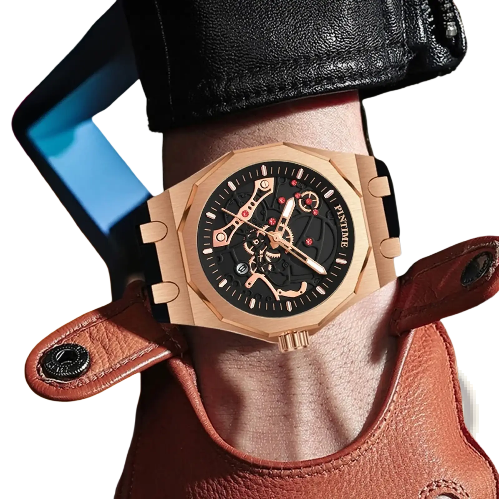 Pintime men luxury skeleton quartz watch with rose gold octagonal case black dial exposed gears red accents brown strap