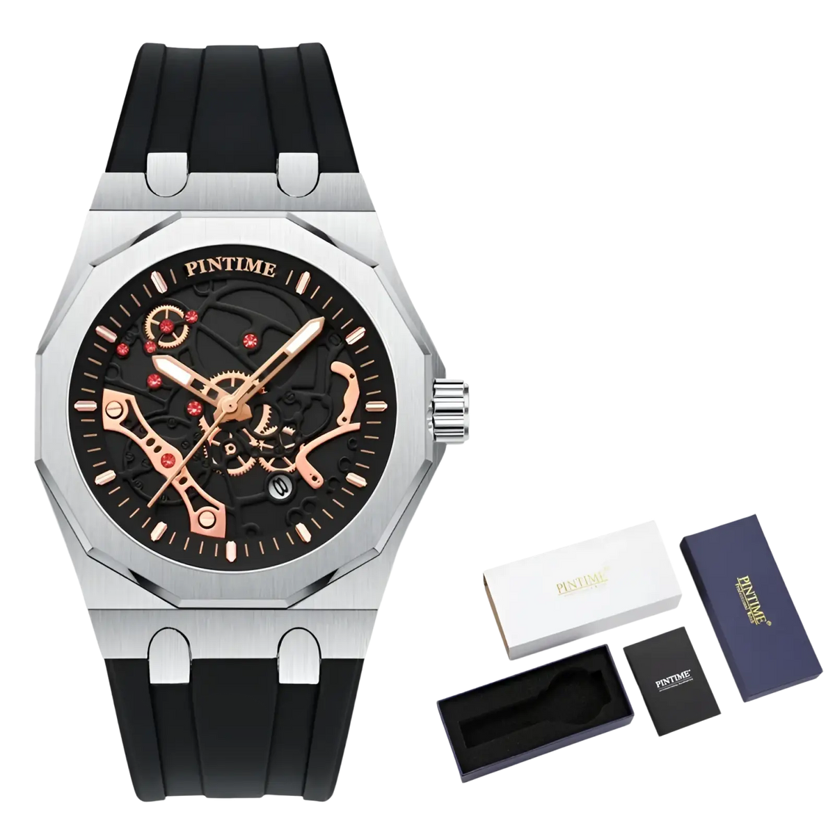 A sleek pintime men luxury skeleton quartz watch with silver case, black rubber strap, and rose gold accents