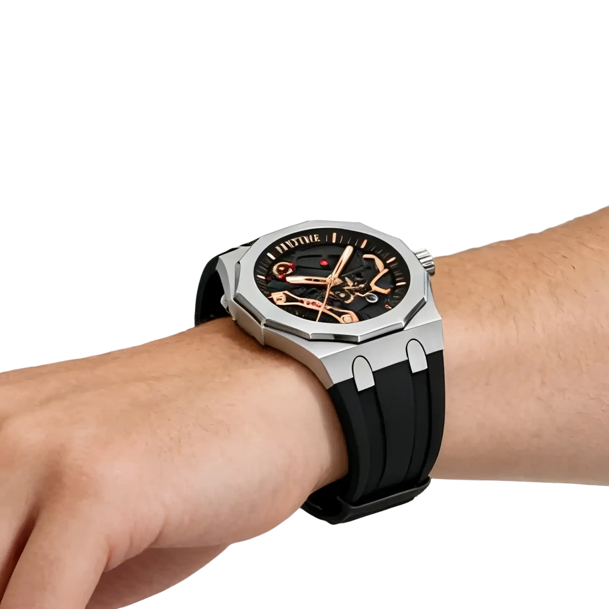 Pintime men luxury skeleton quartz watch with silver tone case, black dial, and rose gold hands and gears