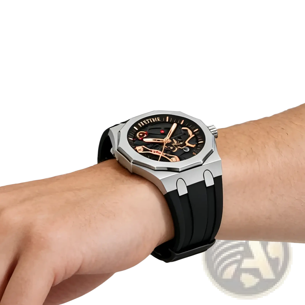 Pintime men luxury skeleton quartz watch with silver tone case, black dial, and rose gold hands and gears